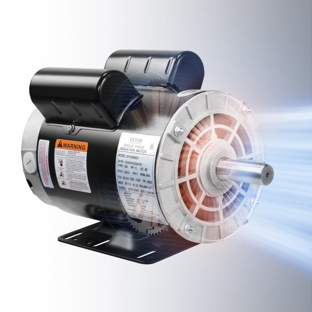 Motor compresor de aire VEVOR de 5 hp que muestra eficiencia energética y construcción duradera con efecto de enfriamiento.