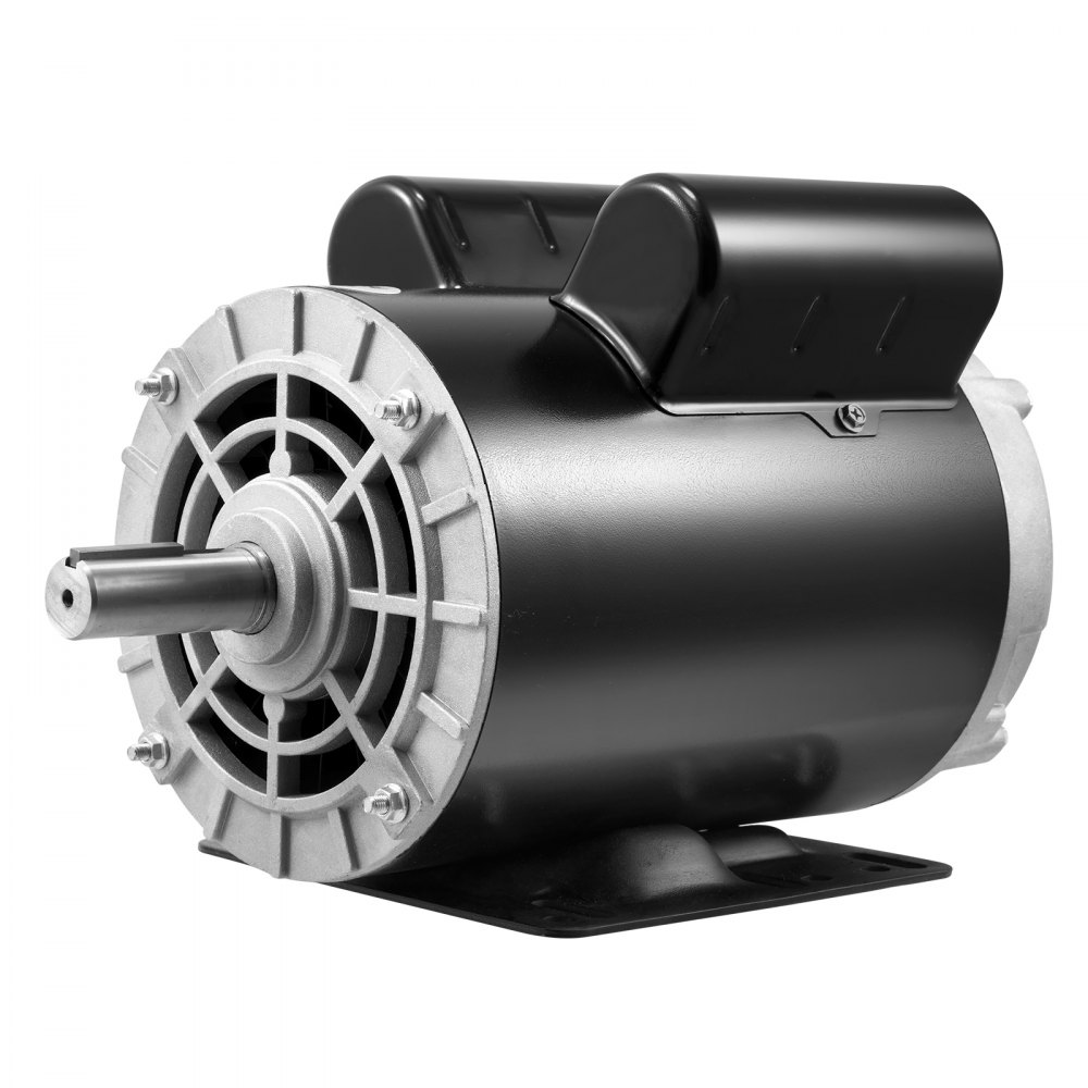 Motor compresor de aire VEVOR de 5 hp en carcasa de acero con base de montaje y cubiertas de ventilador plateadas.