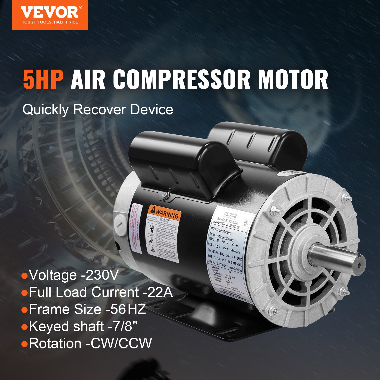 Motor compresor de aire VEVOR de 5 hp, 230 V, 22 A, 56 Hz, eje con chaveta de 7/8&quot;, rotación cw/ccw.