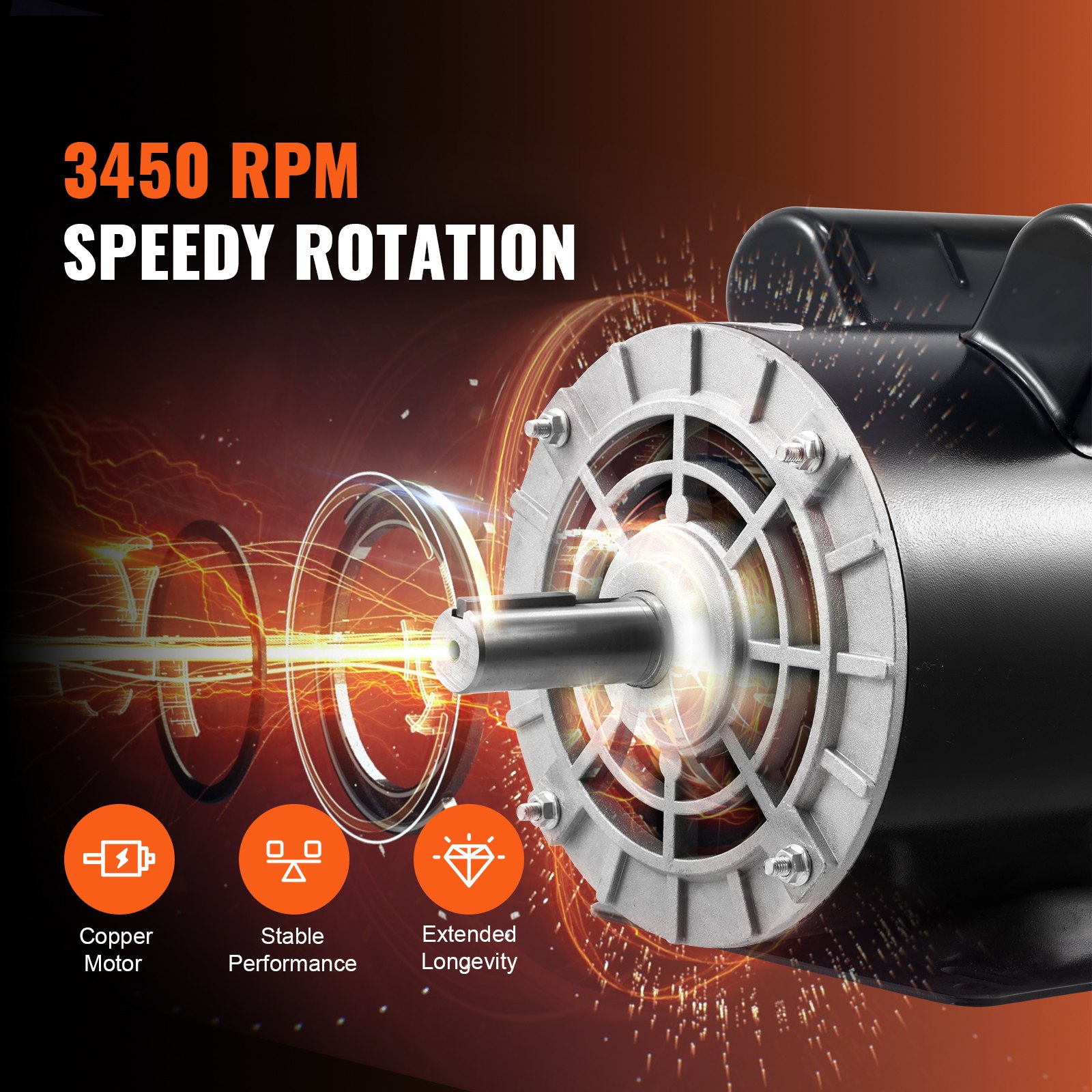Motor compresor de aire VEVOR de 5 hp con 3450 rpm, motor de cobre, rendimiento estable y larga vida útil.