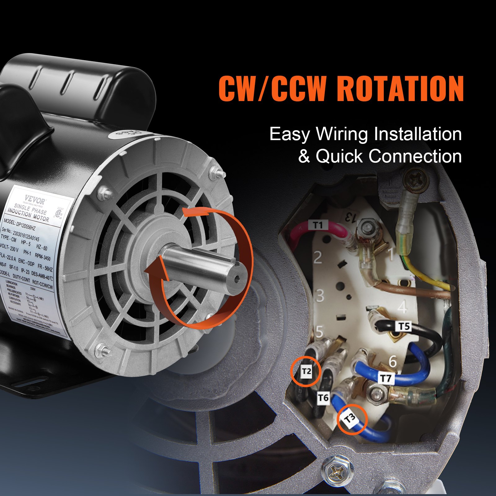 Motor compresor de aire VEVOR de 5 hp con rotación cw/ccw, fácil instalación de cableado y conexión rápida.