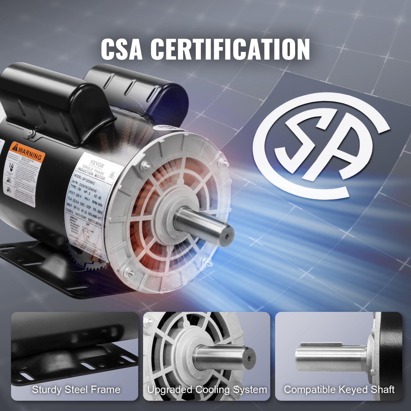 Motor compresor de aire VEVOR de 5 hp con certificación csa, marco de acero resistente y sistema de enfriamiento mejorado.