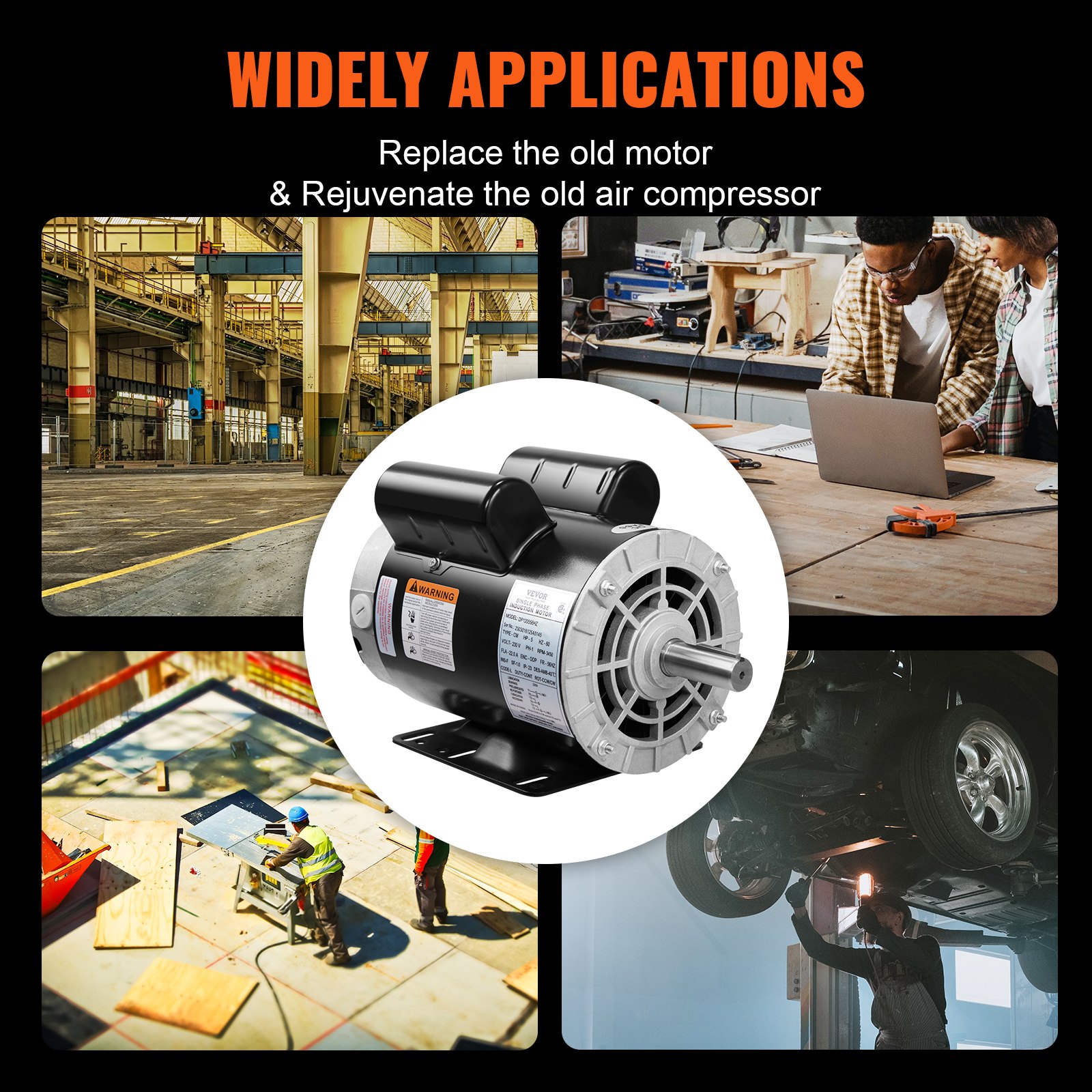 Motor compresor de aire VEVOR de 5 hp para aplicaciones versátiles en talleres, fábricas, construcción y reparación de automóviles.