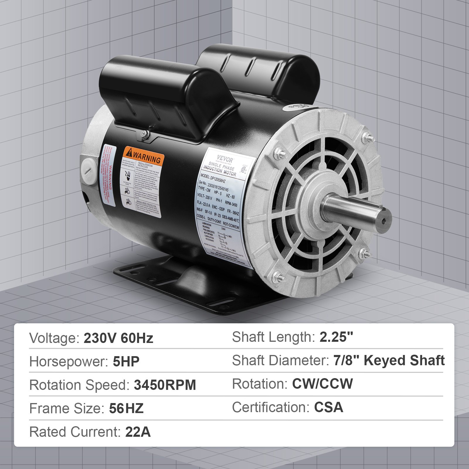 Motor compresor de aire VEVOR de 5 hp, 230 V, 3450 rpm, certificado CSA, longitud de eje de 2,25&quot;, corriente nominal de 22 A.