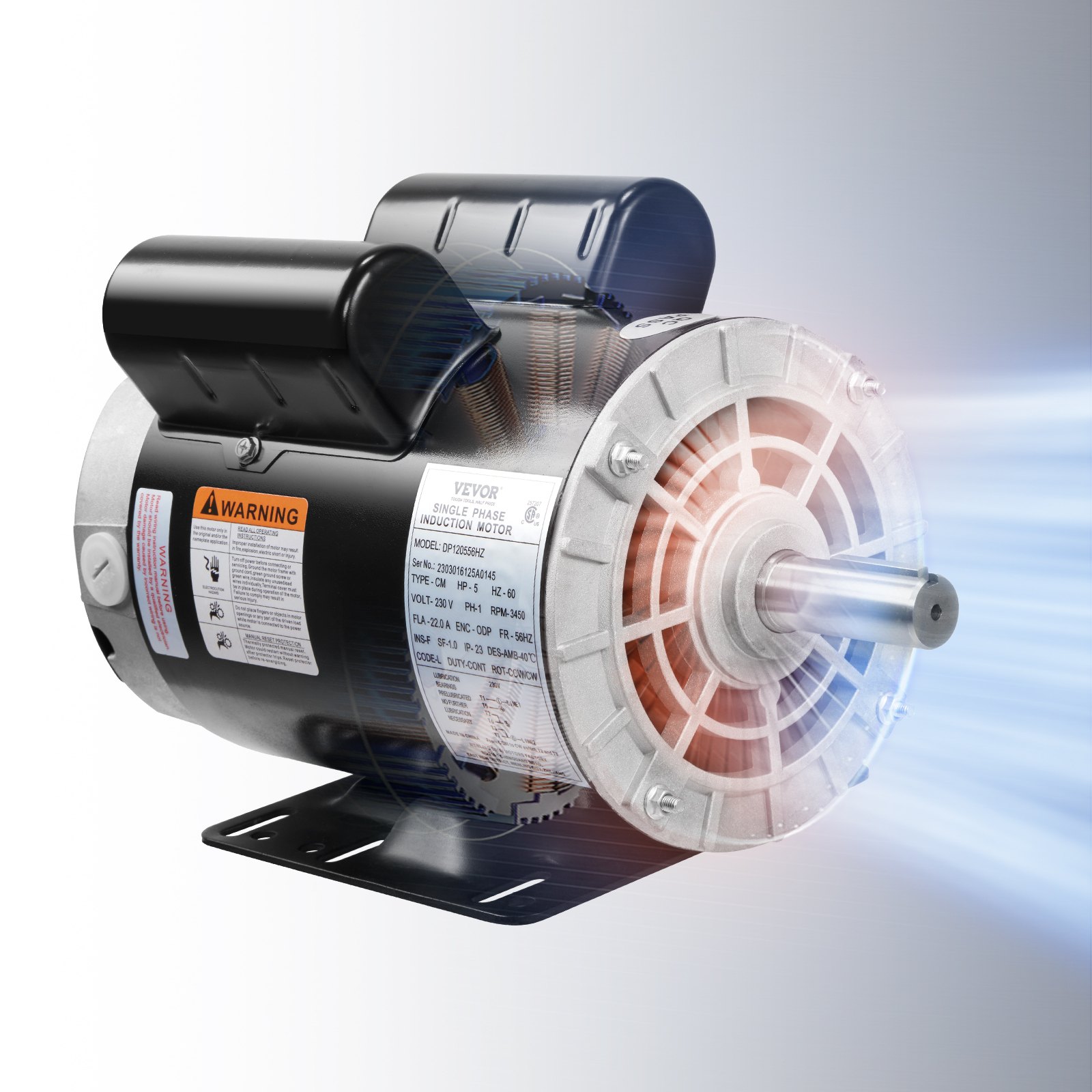 Motor compresor de aire VEVOR de 5 hp que muestra eficiencia energética y construcción duradera con efecto de enfriamiento.