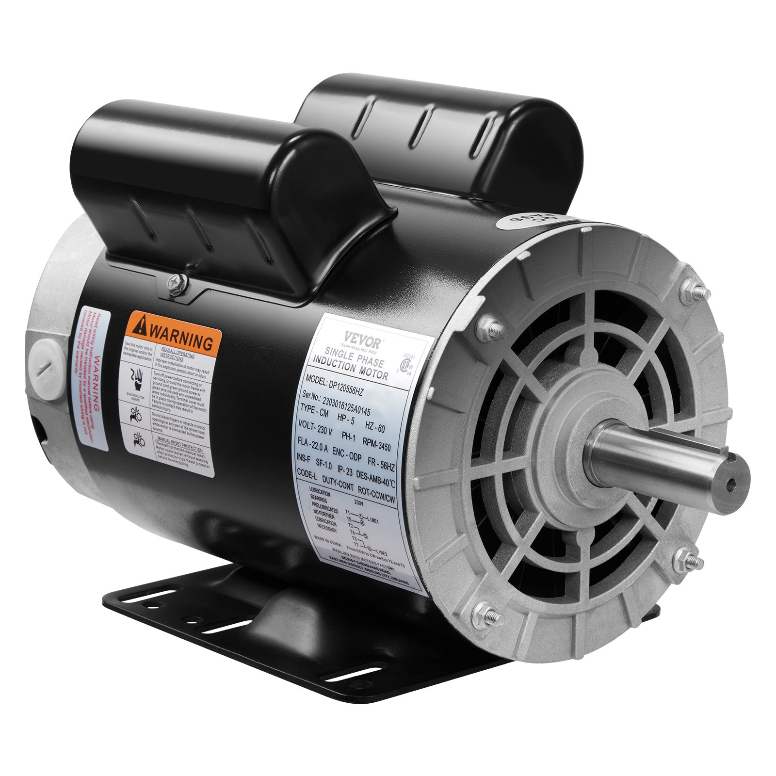 Motor compresor de aire VEVOR de 5 hp con carcasa negra y múltiples etiquetas de advertencia.