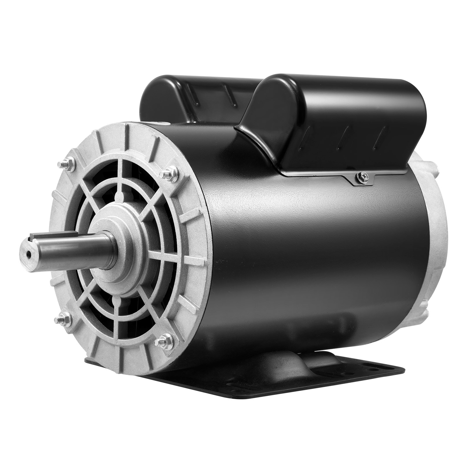 Motor compresor de aire VEVOR de 5 hp en carcasa de acero con base de montaje y cubiertas de ventilador plateadas.
