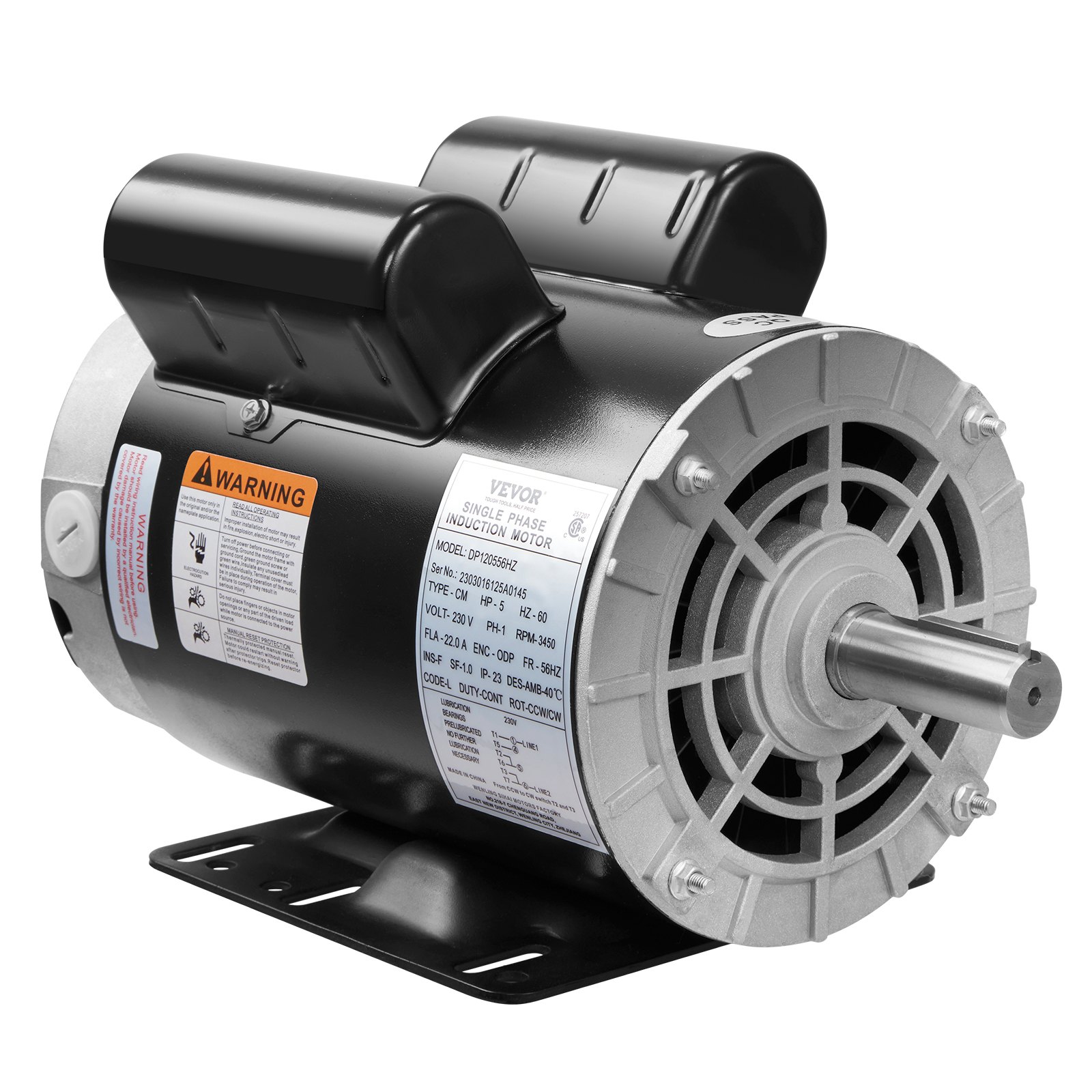 Motor compresor de aire VEVOR de 5 hp con inducción monofásica, carcasa negra y etiquetas de advertencia adjuntas.