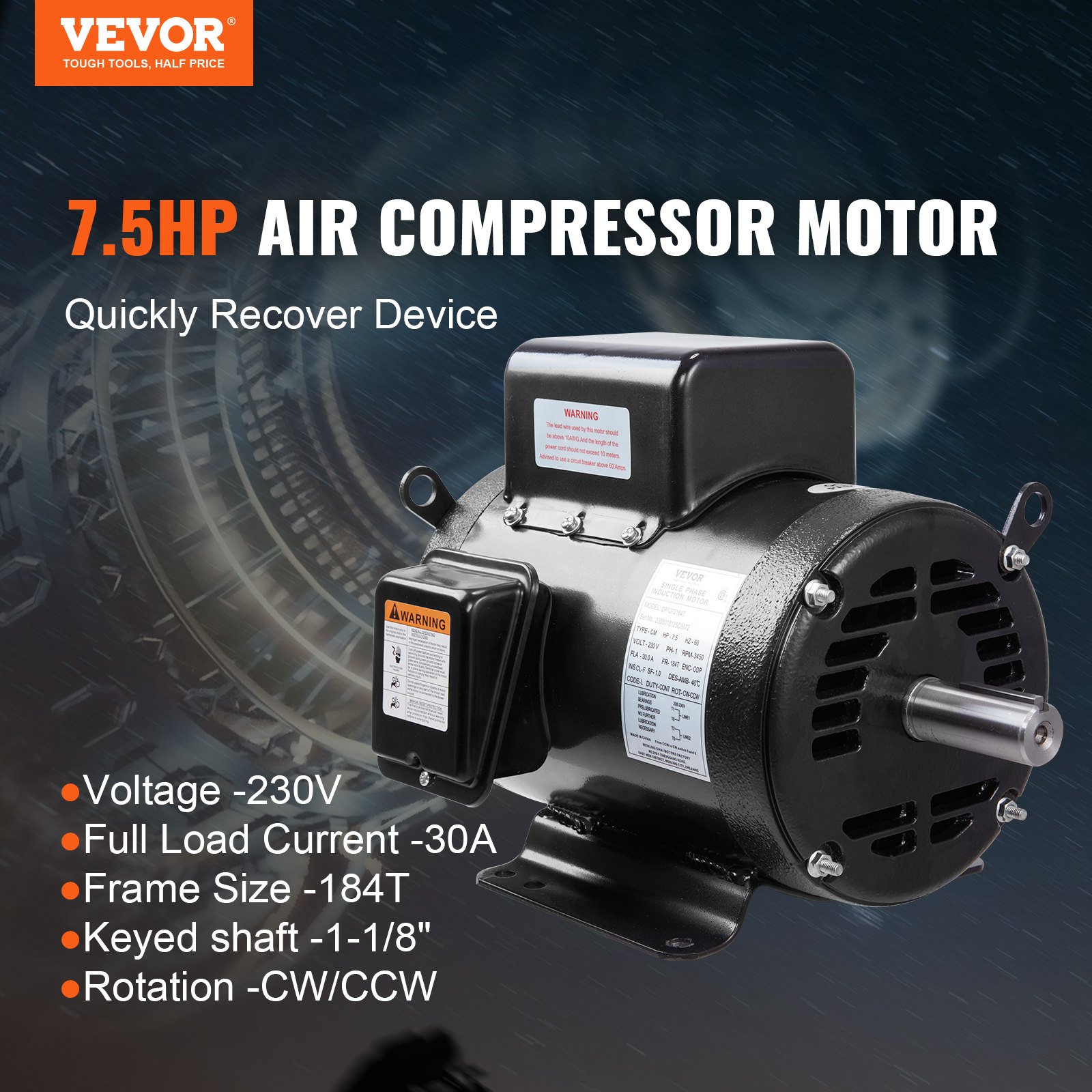VEVOR Motor eléctrico de compresor de aire de 7,5 HP, 230 V, 30 amperios, marco 184T 3450 RPM, eje con llave de 1-1/8 pulgadas, rotación CW/CCW, longitud del eje de 2,75 pulgadas para compresores de a