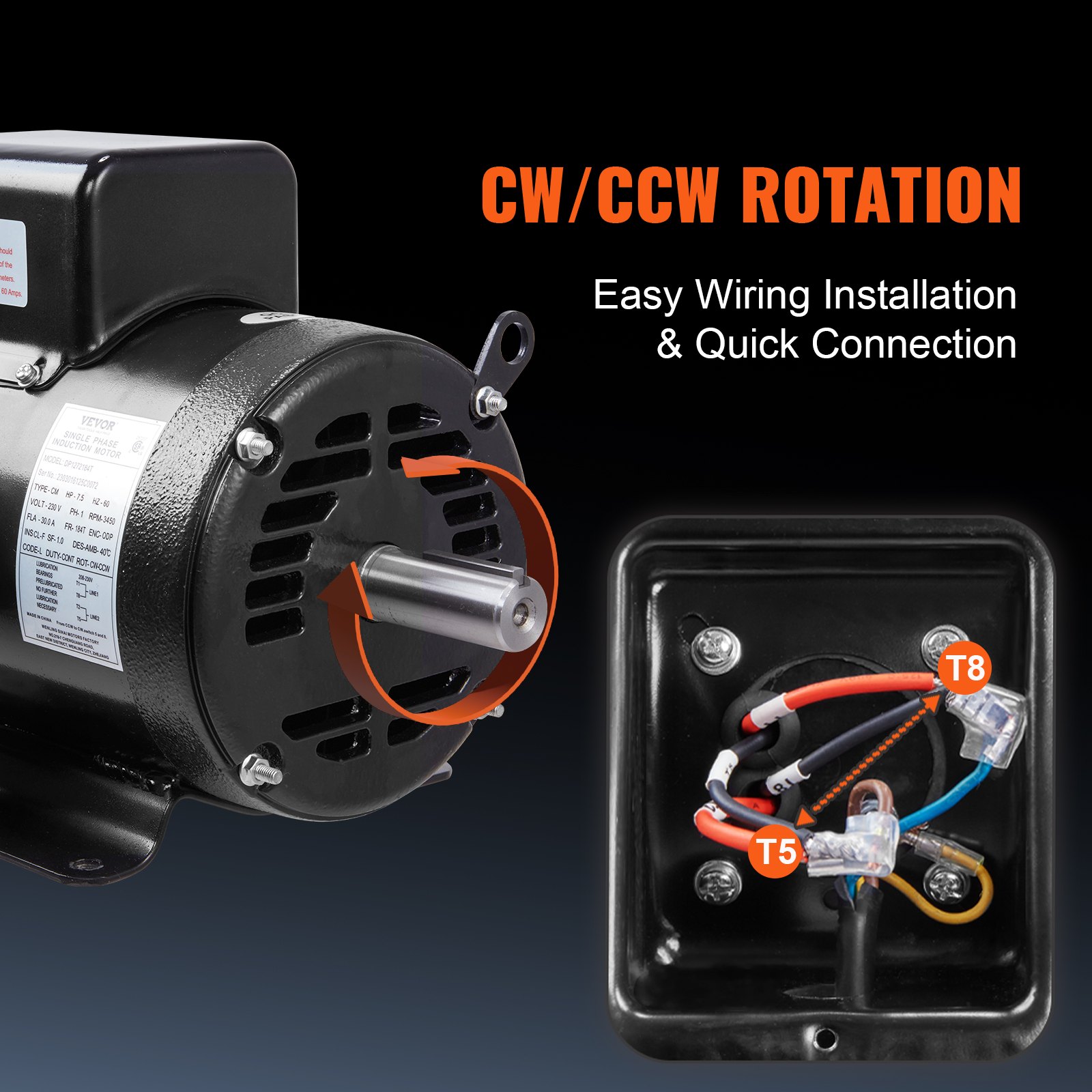 VEVOR Motor eléctrico de compresor de aire de 7,5 HP, 230 V, 30 amperios, marco 184T 3450 RPM, eje con llave de 1-1/8 pulgadas, rotación CW/CCW, longitud del eje de 2,75 pulgadas para compresores de a