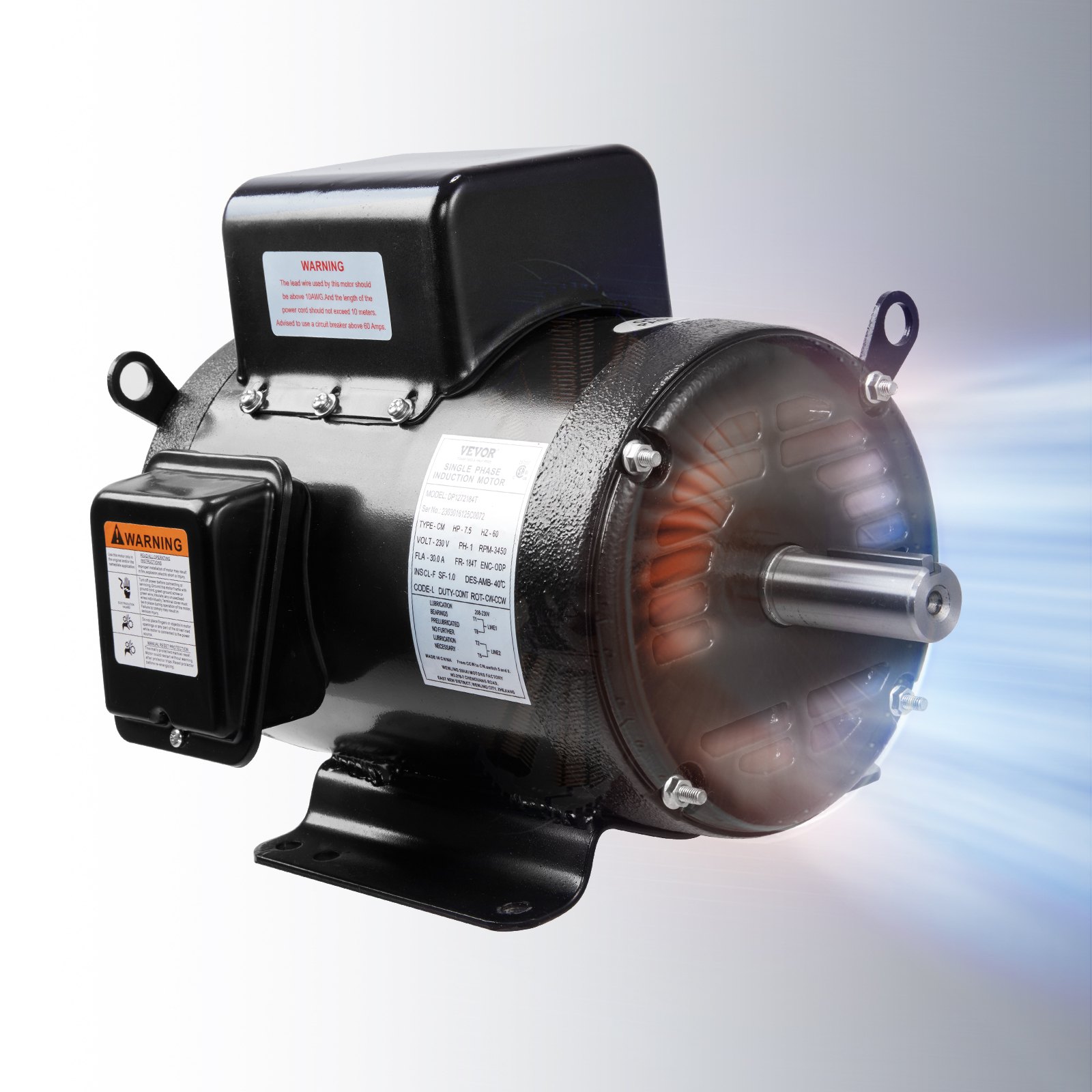 VEVOR Motor eléctrico de compresor de aire de 7,5 HP, 230 V, 30 amperios, marco 184T 3450 RPM, eje con llave de 1-1/8 pulgadas, rotación CW/CCW, longitud del eje de 2,75 pulgadas para compresores de a