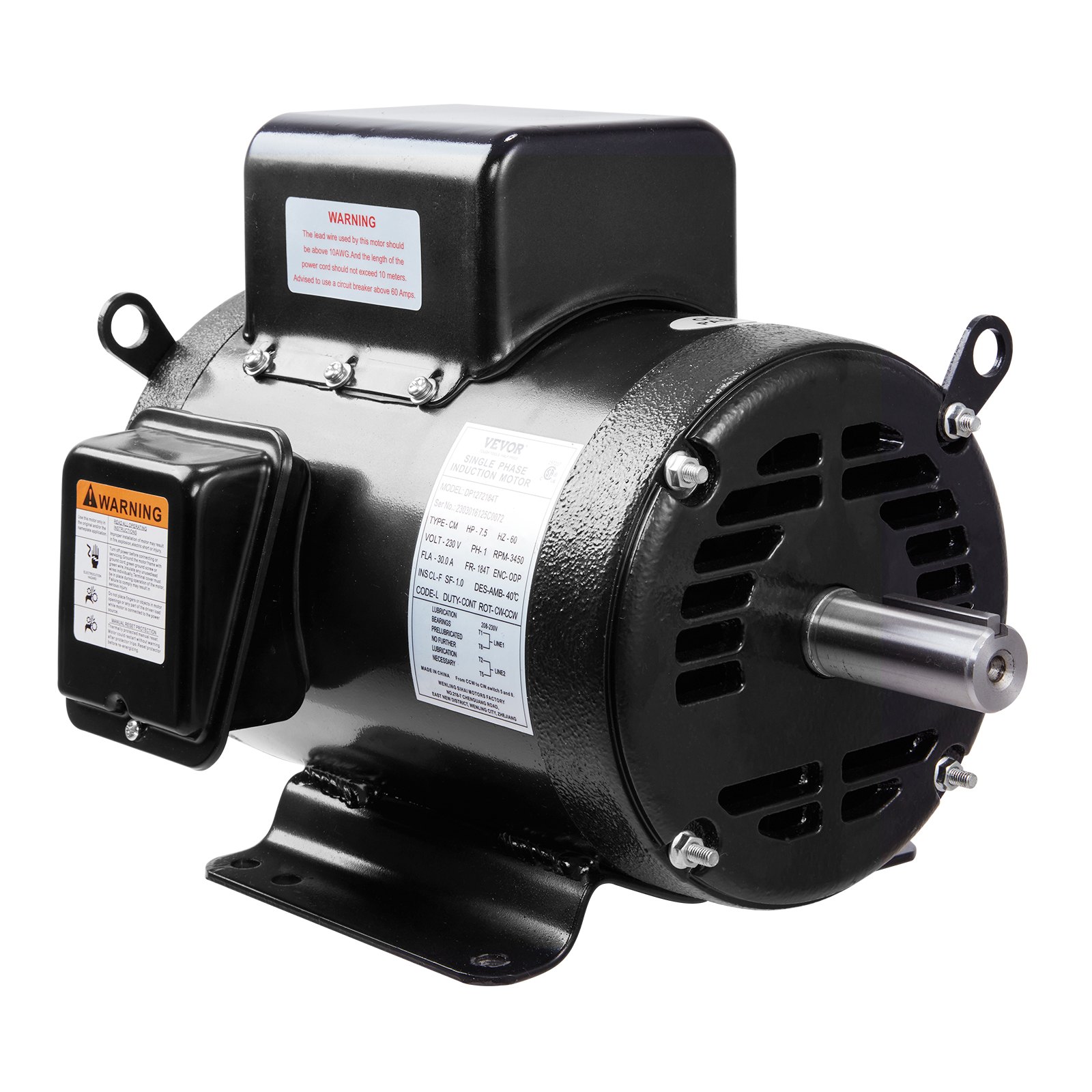 VEVOR Motor eléctrico de compresor de aire de 7,5 HP, 230 V, 30 amperios, marco 184T 3450 RPM, eje con llave de 1-1/8 pulgadas, rotación CW/CCW, longitud del eje de 2,75 pulgadas para compresores de a