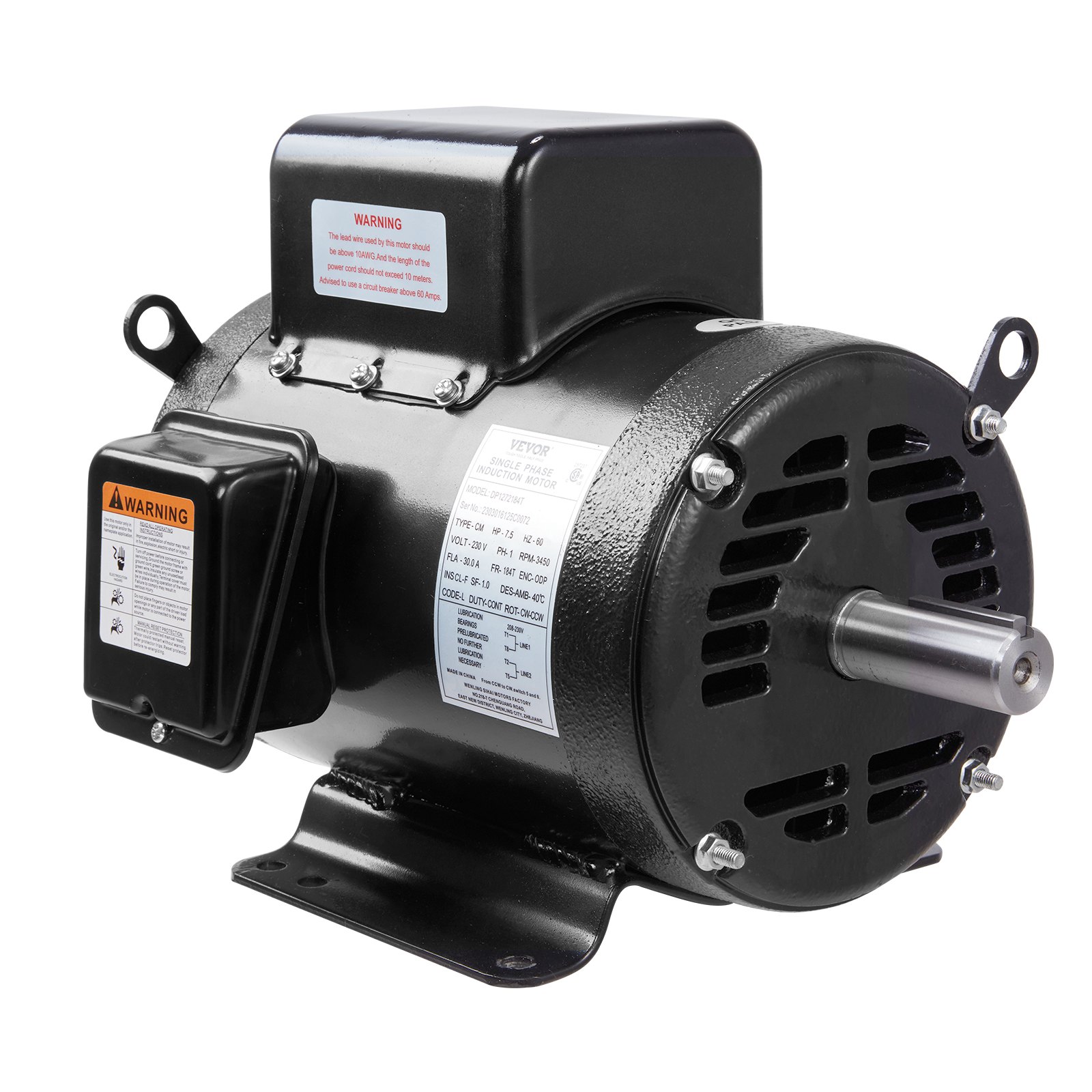 VEVOR Motor eléctrico de compresor de aire de 7,5 HP, 230 V, 30 amperios, marco 184T 3450 RPM, eje con llave de 1-1/8 pulgadas, rotación CW/CCW, longitud del eje de 2,75 pulgadas para compresores de a