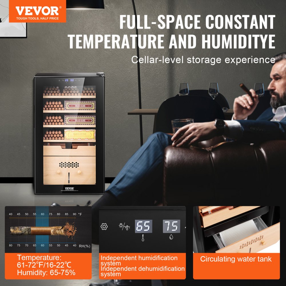 Humidificador eléctrico VEVOR para puros, con capacidad para 400 puros, con control de refrigeración, calefacción y humedad, fabricado en madera de cedro español de 5 capas y cristal de doble espejo, ideal como regalo para hombres.