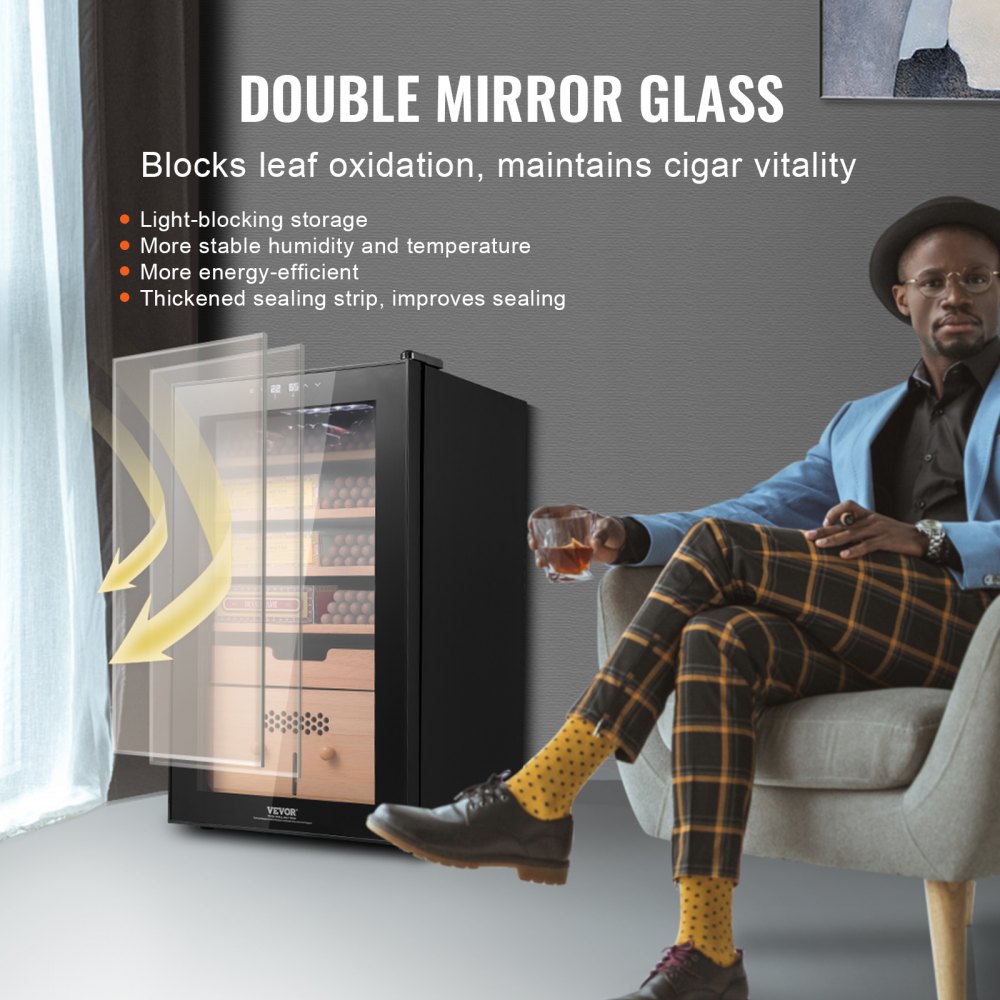 Humidificador eléctrico VEVOR para puros, con capacidad para 400 puros, con control de refrigeración, calefacción y humedad, fabricado en madera de cedro español de 5 capas y cristal de doble espejo, ideal como regalo para hombres.
