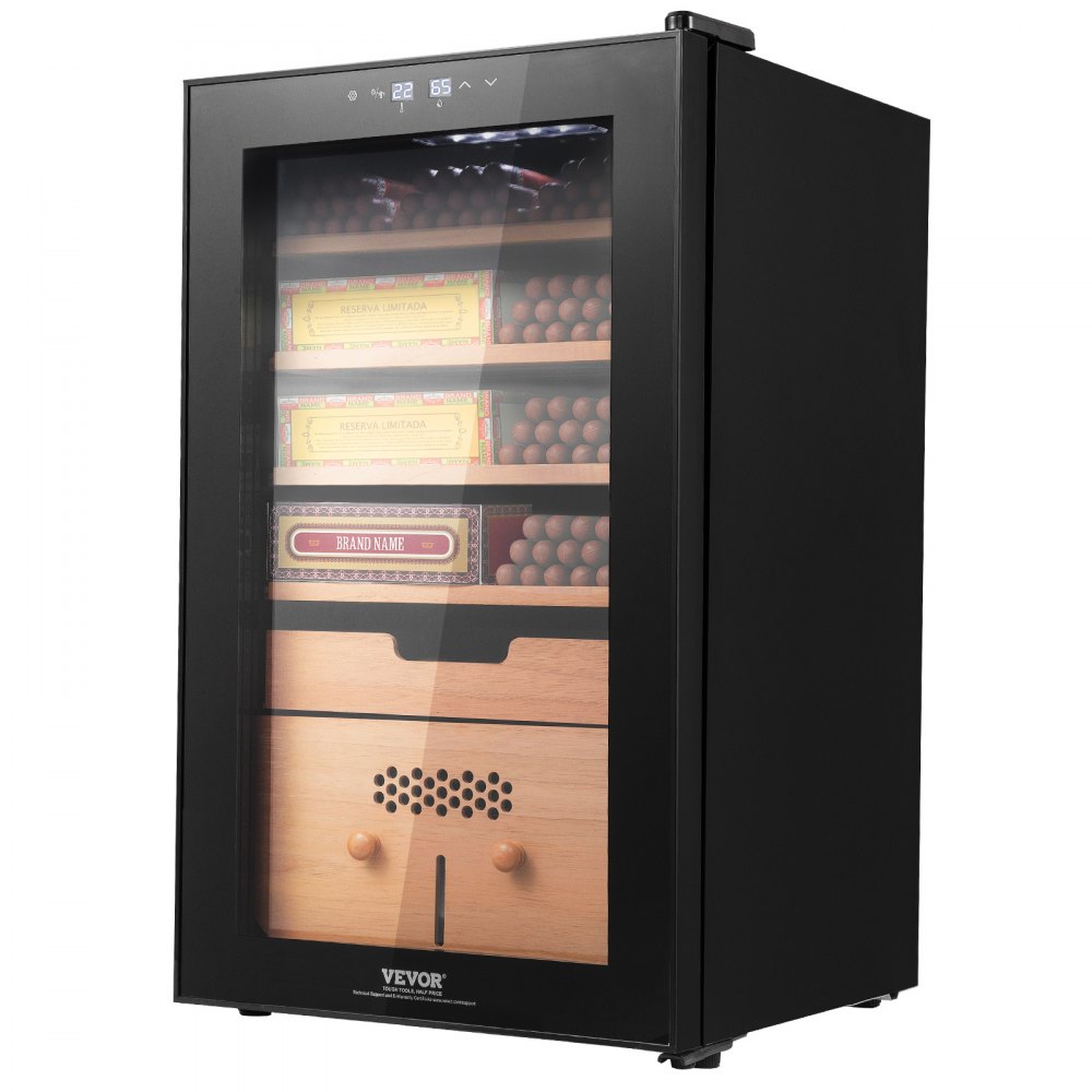 Humidificador eléctrico VEVOR para puros, con capacidad para 400 puros, con control de refrigeración, calefacción y humedad, fabricado en madera de cedro español de 5 capas y cristal de doble espejo, ideal como regalo para hombres.