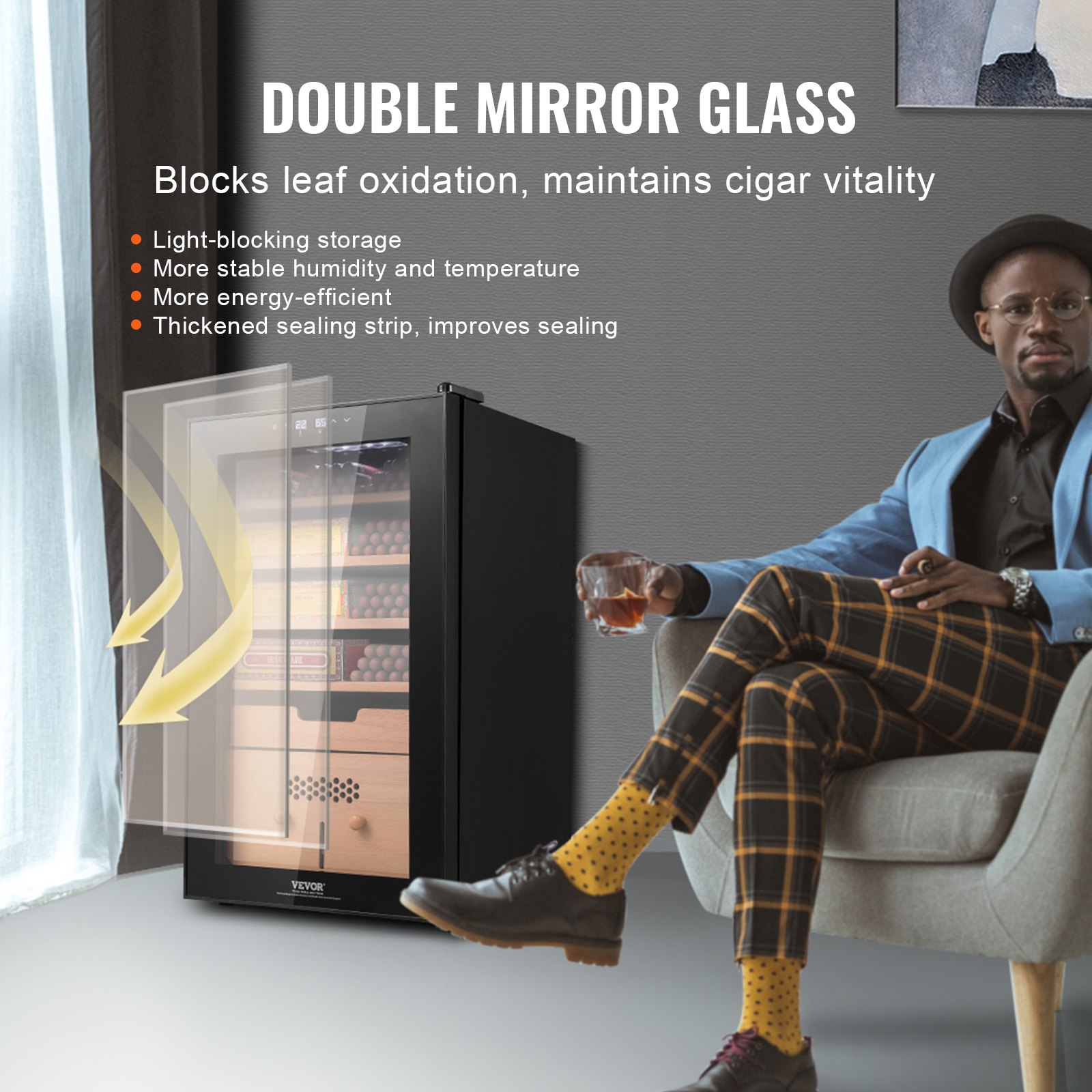 Humidificador eléctrico VEVOR para puros, con capacidad para 400 puros, con control de refrigeración, calefacción y humedad, fabricado en madera de cedro español de 5 capas y cristal de doble espejo, ideal como regalo para hombres.