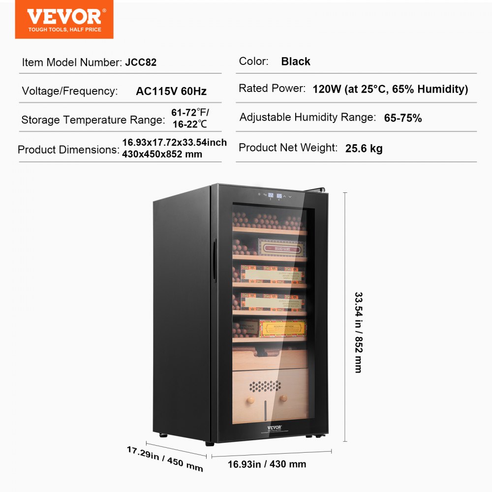 Humidor eléctrico para puros VEVOR, mueble humidor de 82 l con control de refrigeración, calefacción y humedad, fabricado en madera de cedro español de 6 capas y cristal de doble espejo, con capacidad para hasta 500 puros, ideal como regalo para hombres.