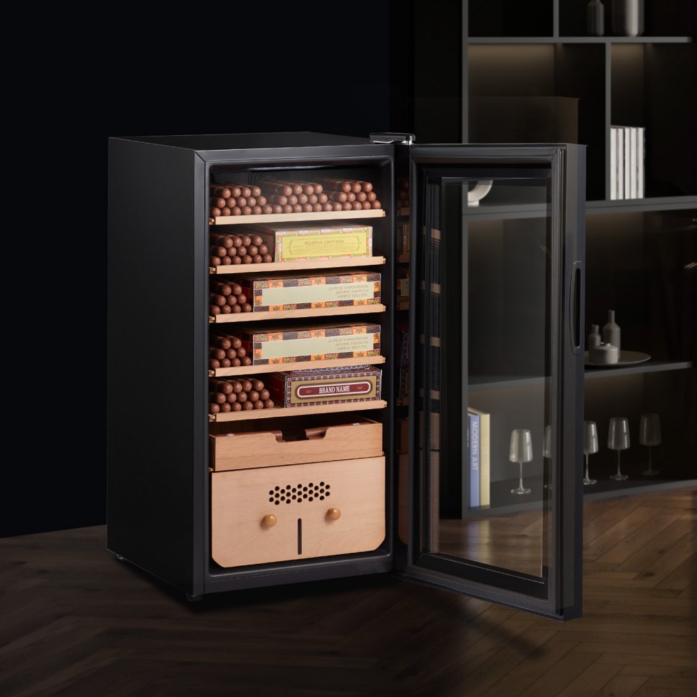 Humidor eléctrico para puros VEVOR, mueble humidor de 82 l con control de refrigeración, calefacción y humedad, fabricado en madera de cedro español de 6 capas y cristal de doble espejo, con capacidad para hasta 500 puros, ideal como regalo para hombres.