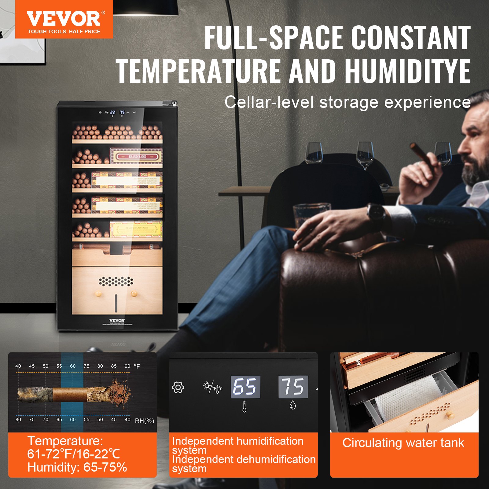 Humidor eléctrico para puros VEVOR, mueble humidor de 82 l con control de refrigeración, calefacción y humedad, fabricado en madera de cedro español de 6 capas y cristal de doble espejo, con capacidad para hasta 500 puros, ideal como regalo para hombres.