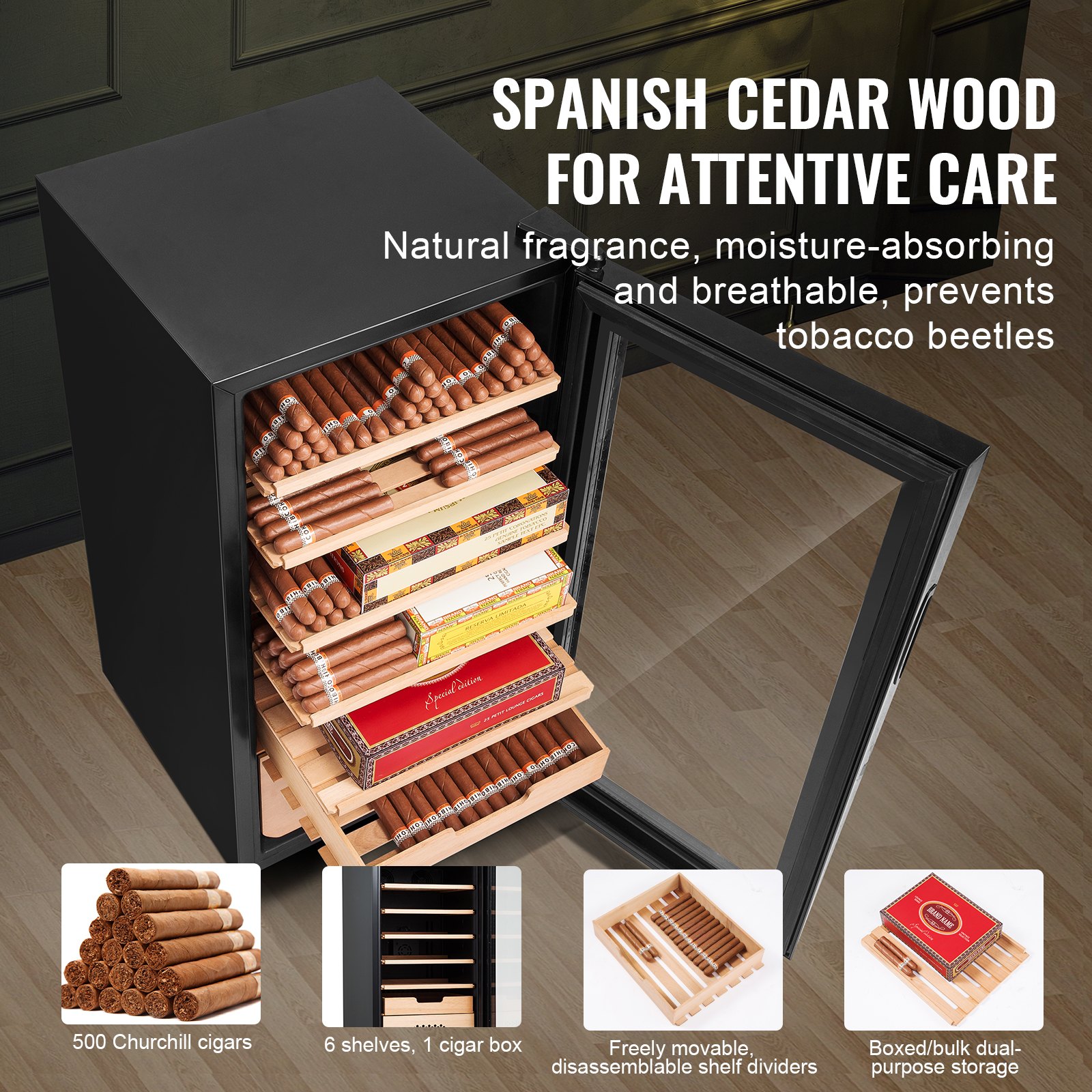 Humidor eléctrico para puros VEVOR, mueble humidor de 82 l con control de refrigeración, calefacción y humedad, fabricado en madera de cedro español de 6 capas y cristal de doble espejo, con capacidad para hasta 500 puros, ideal como regalo para hombres.