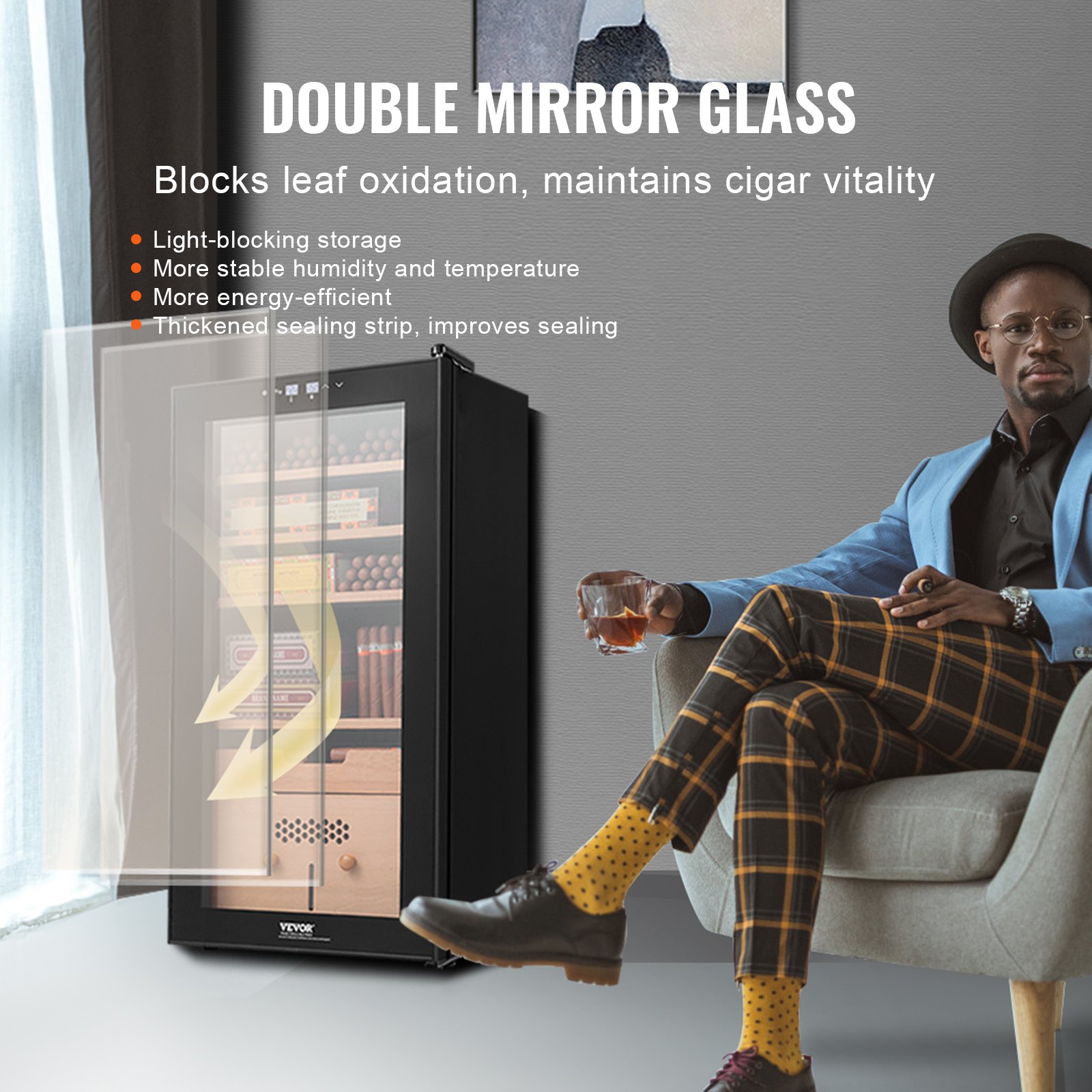 Humidor eléctrico para puros VEVOR, mueble humidor de 82 l con control de refrigeración, calefacción y humedad, fabricado en madera de cedro español de 6 capas y cristal de doble espejo, con capacidad para hasta 500 puros, ideal como regalo para hombres.