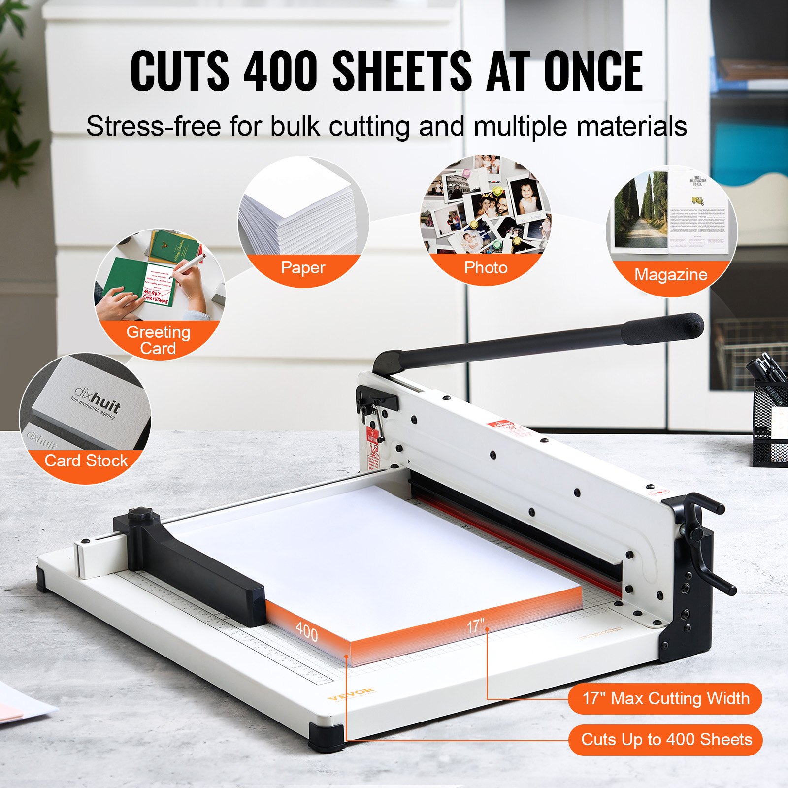 Cortadora de papel VEVOR de alta resistencia, guillotina industrial comercial de 43 cm para papel A3, capacidad para 400 hojas, construcción de acero sólido, cortadora de papel apilado para oficina, hogar, escuela, tienda, color blanco