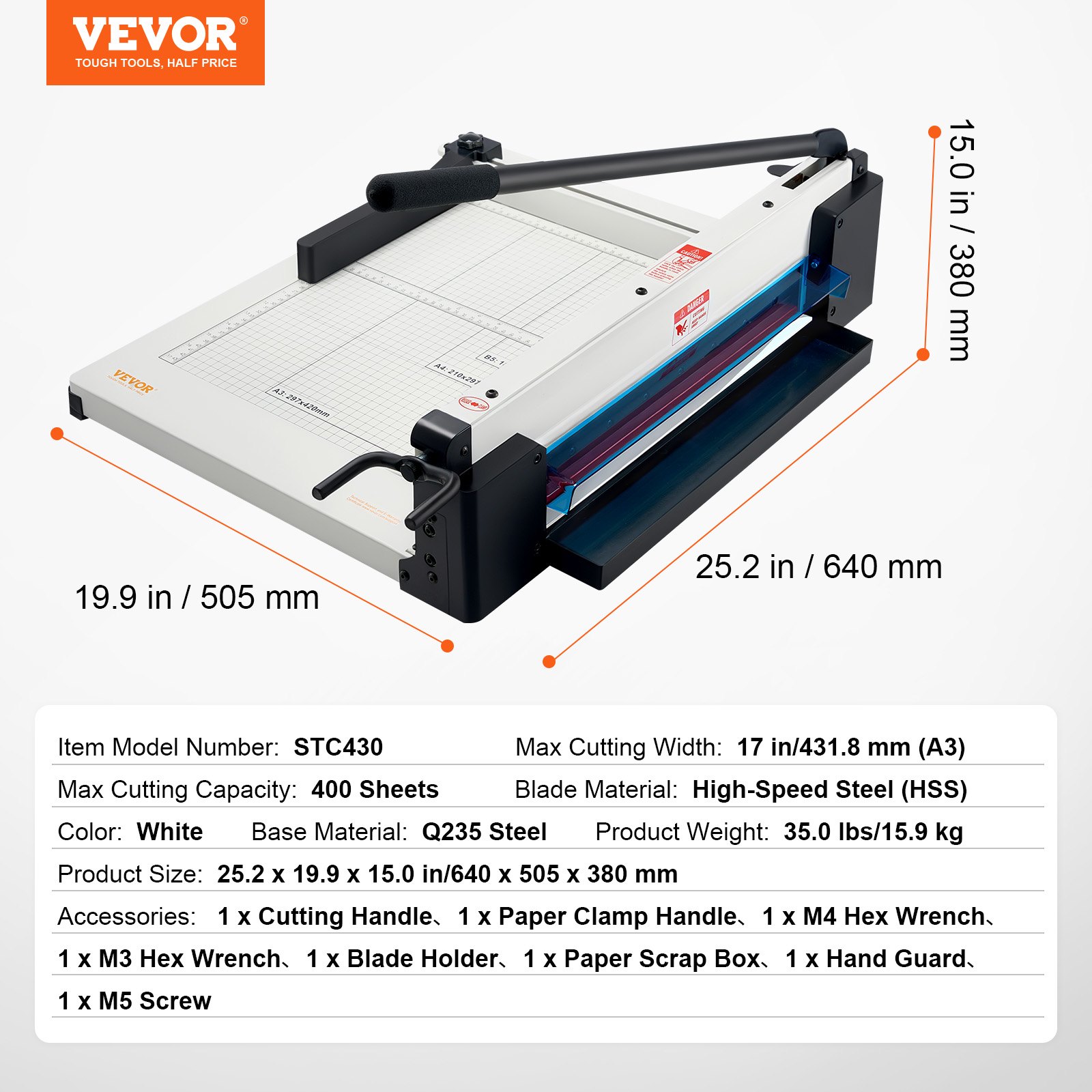 Cortadora de papel VEVOR de alta resistencia, guillotina industrial comercial de 43 cm para papel A3, capacidad para 400 hojas, construcción de acero sólido, cortadora de papel apilado para oficina, hogar, escuela, tienda, color blanco