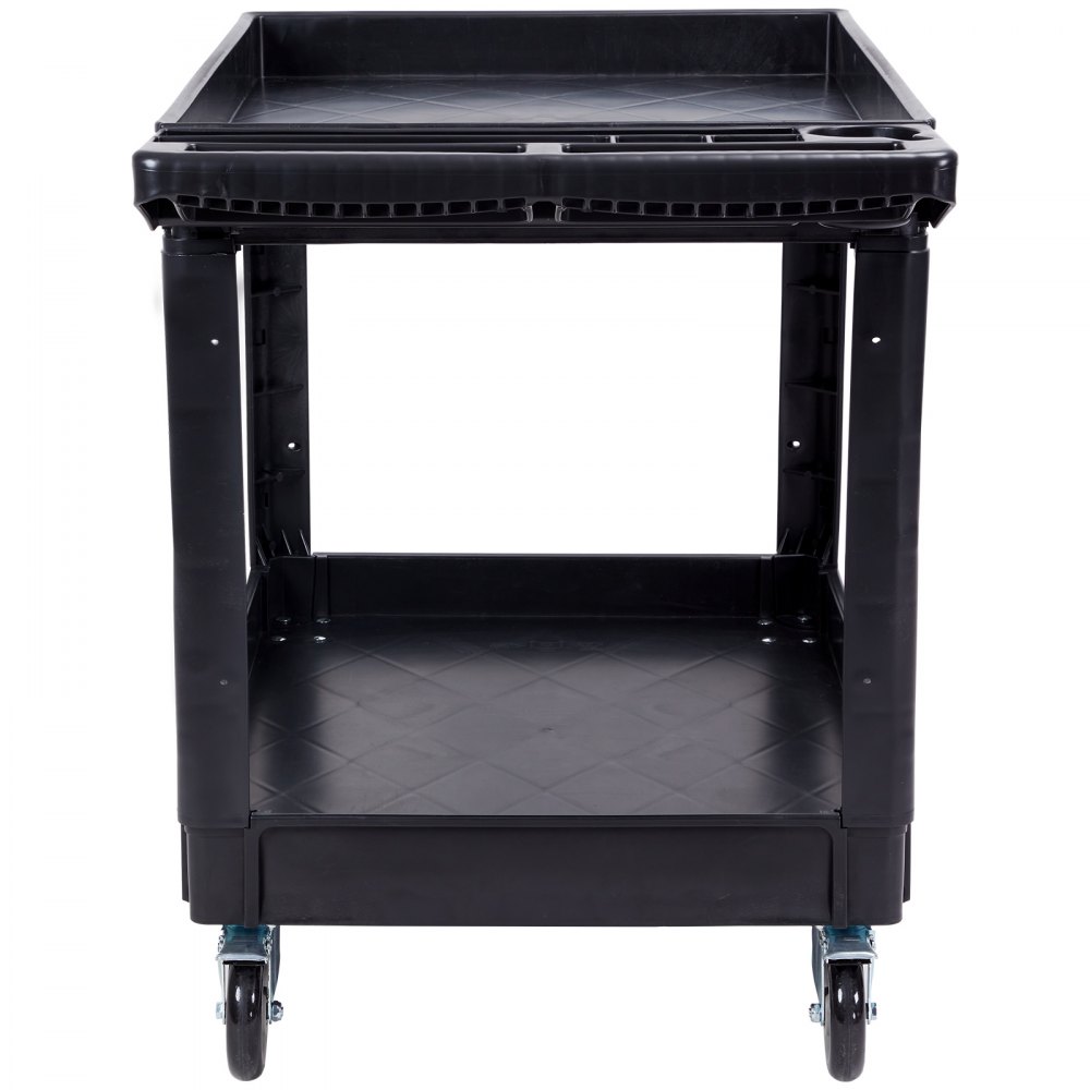 Carro utilitario VEVOR, carro de servicio con ruedas, 2 estantes, 250 kg (550 lb), de plástico resistente, con 2 ruedas giratorias y 2 ruedas fijas, estante grande con borde, asa de almacenamiento ergonómica para almacén/garaje/limpieza.