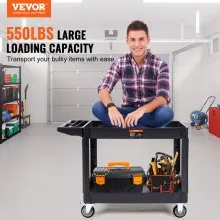 VEVOR Carro de servicio utilitario, 2 estantes 550LBS Carro utilitario rodante de plástico resistente con ruedas giratorias de 360° (2 con frenos), estante grande con reborde, manija de almacenamiento ergonómica para almacén/garaje/limpieza