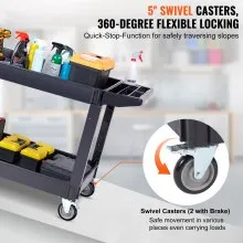 VEVOR Carro de servicio utilitario, 2 estantes 550LBS Carro utilitario rodante de plástico resistente con ruedas giratorias de 360° (2 con frenos), estante grande con reborde, manija de almacenamiento ergonómica para almacén/garaje/limpieza