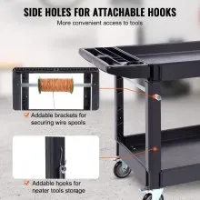 VEVOR Carro de servicio utilitario, 2 estantes 550LBS Carro utilitario rodante de plástico resistente con ruedas giratorias de 360° (2 con frenos), estante grande con reborde, manija de almacenamiento ergonómica para almacén/garaje/limpieza