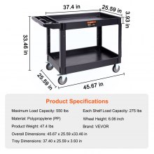 VEVOR Carro de servicio utilitario, 2 estantes 550LBS Carro utilitario rodante de plástico resistente con ruedas giratorias de 360° (2 con frenos), estante grande con reborde, manija de almacenamiento ergonómica para almacén/garaje/limpieza