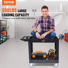 VEVOR Carro de servicio utilitario, 40 x 17 x 33 pulgadas, 2 estantes, 550 libras, carro utilitario rodante de plástico resistente con ruedas giratorias de 360°, estante de labios medianos, mango de almacenamiento ergonómico para almacén/garaje/limpieza/oficina