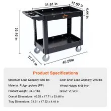VEVOR Carro de servicio utilitario, 40 x 17 x 33 pulgadas, 2 estantes, 550 libras, carro utilitario rodante de plástico resistente con ruedas giratorias de 360°, estante de labios medianos, mango de almacenamiento ergonómico para almacén/garaje/limpieza/oficina