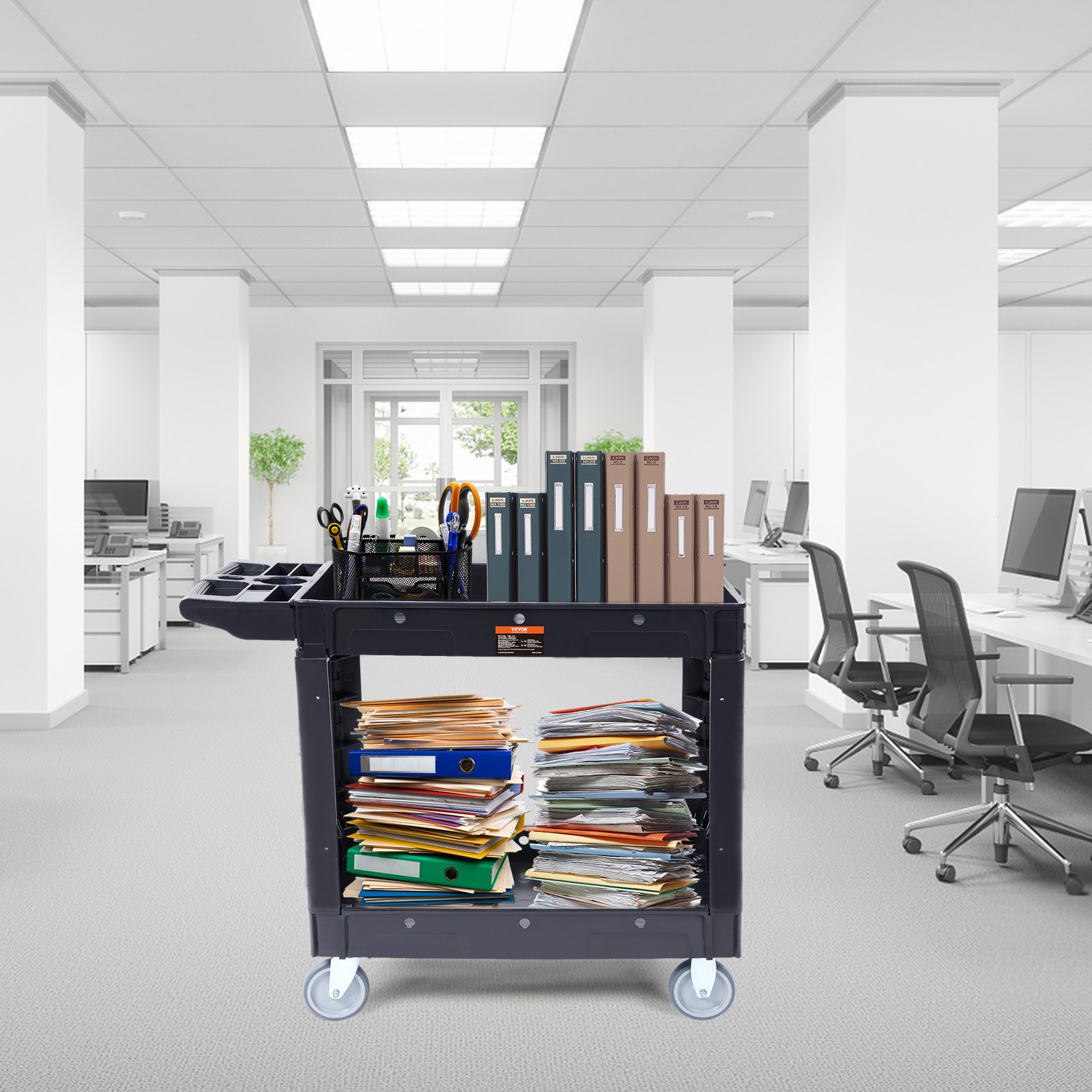 VEVOR - Carrito de servicio multiusos con 2 estantes, 259 kg, resistente, de plástico, con ruedas giratorias de 360°, estante mediano con borde y asa ergonómica para almacén, garaje, limpieza y oficina.