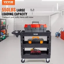 Carro de servicio utilitario VEVOR, carro utilitario rodante de plástico resistente de 3 estantes de 550 libras con ruedas giratorias de 360° (2 con frenos), estante mediano con borde, manija de almacenamiento ergonómica para almacén/garaje/limpieza