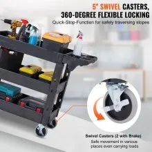 Carro de servicio utilitario VEVOR, carro utilitario rodante de plástico resistente de 3 estantes de 550 libras con ruedas giratorias de 360° (2 con frenos), estante mediano con borde, manija de almacenamiento ergonómica para almacén/garaje/limpieza