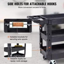Carro de servicio utilitario VEVOR, carro utilitario rodante de plástico resistente de 3 estantes de 550 libras con ruedas giratorias de 360° (2 con frenos), estante mediano con borde, manija de almacenamiento ergonómica para almacén/garaje/limpieza