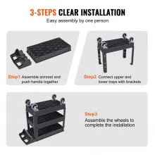 Carro de servicio utilitario VEVOR, carro utilitario rodante de plástico resistente de 3 estantes de 550 libras con ruedas giratorias de 360° (2 con frenos), estante mediano con borde, manija de almacenamiento ergonómica para almacén/garaje/limpieza