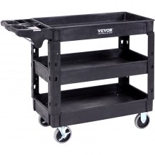 Carro de servicio utilitario VEVOR, carro utilitario rodante de plástico resistente de 3 estantes de 550 libras con ruedas giratorias de 360° (2 con frenos), estante mediano con borde, manija de almacenamiento ergonómica para almacén/garaje/limpieza