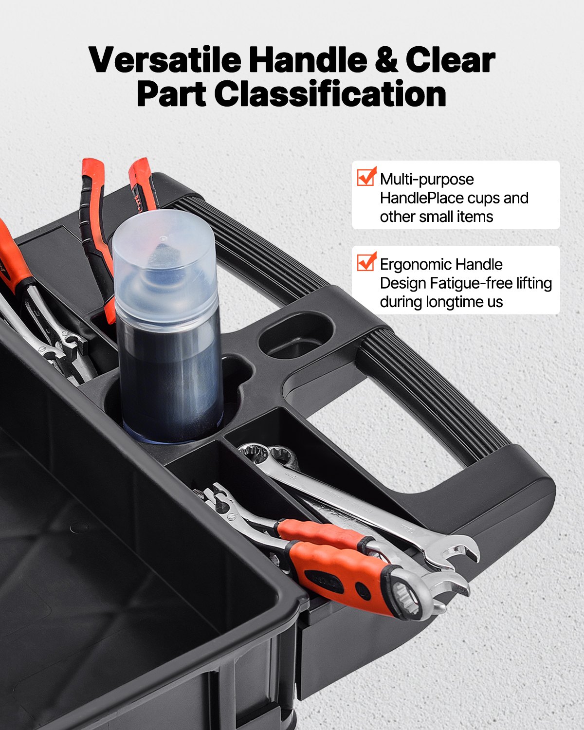 VEVOR Carro de servicio utilitario, 3 estantes, 550 libras, carro utilitario rodante de plástico resistente con ruedas giratorias de 360° (2 con frenos), estante de labios mediano, mango de almacenamiento ergonómico para almacén/garaje/limpieza