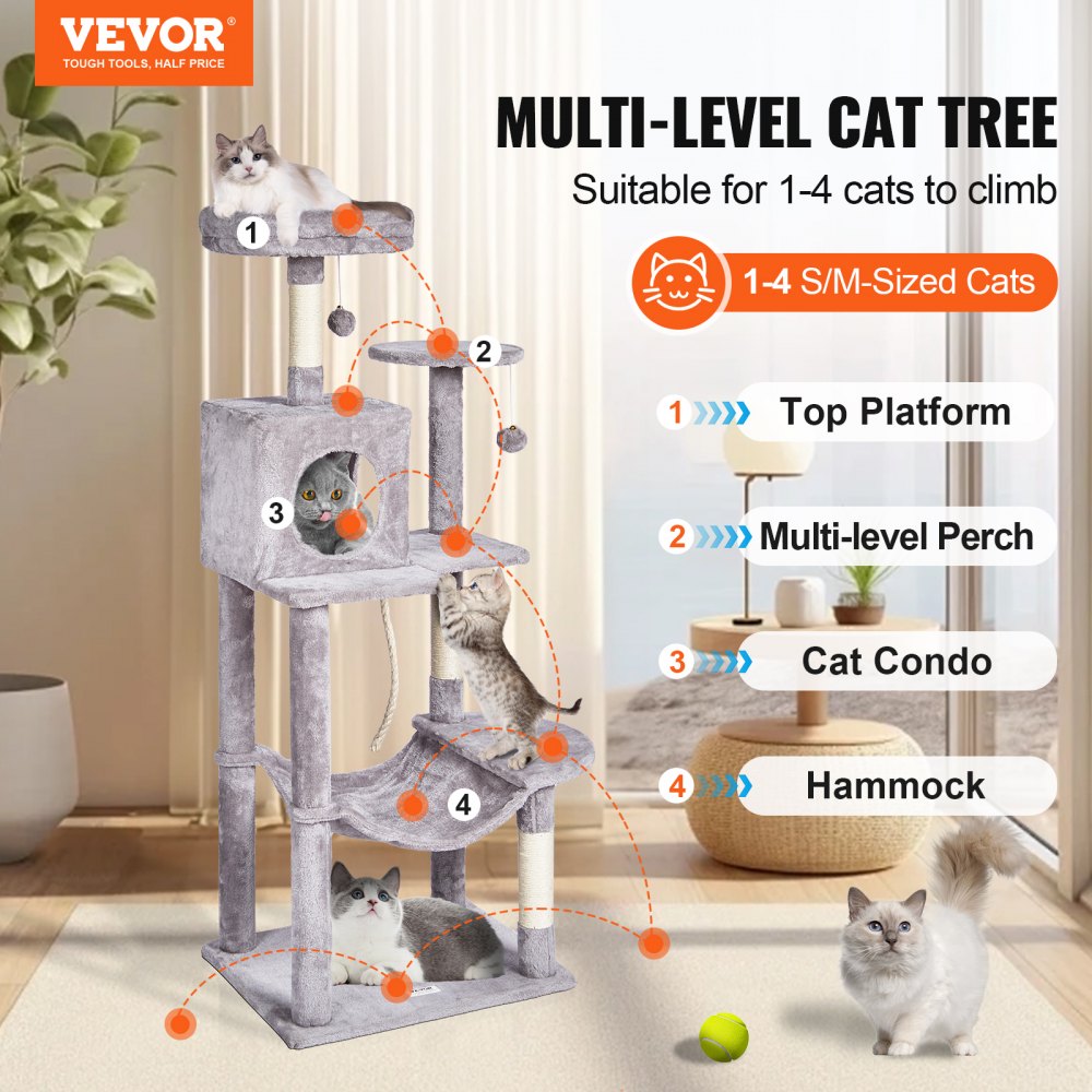 Árbol para gatos VEVOR para interiores, torre de 142 cm con condominio, rascador de sisal, hamaca, percha superior, plataformas de salto, caseta grande con bola colgante, centro de actividades para gatos, gris claro