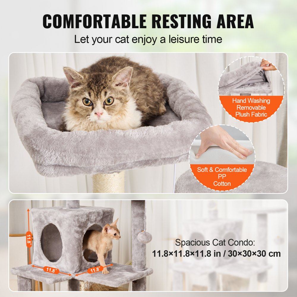 Árbol para gatos VEVOR para interiores, torre de 142 cm con condominio, rascador de sisal, hamaca, percha superior, plataformas de salto, caseta grande con bola colgante, centro de actividades para gatos, gris claro