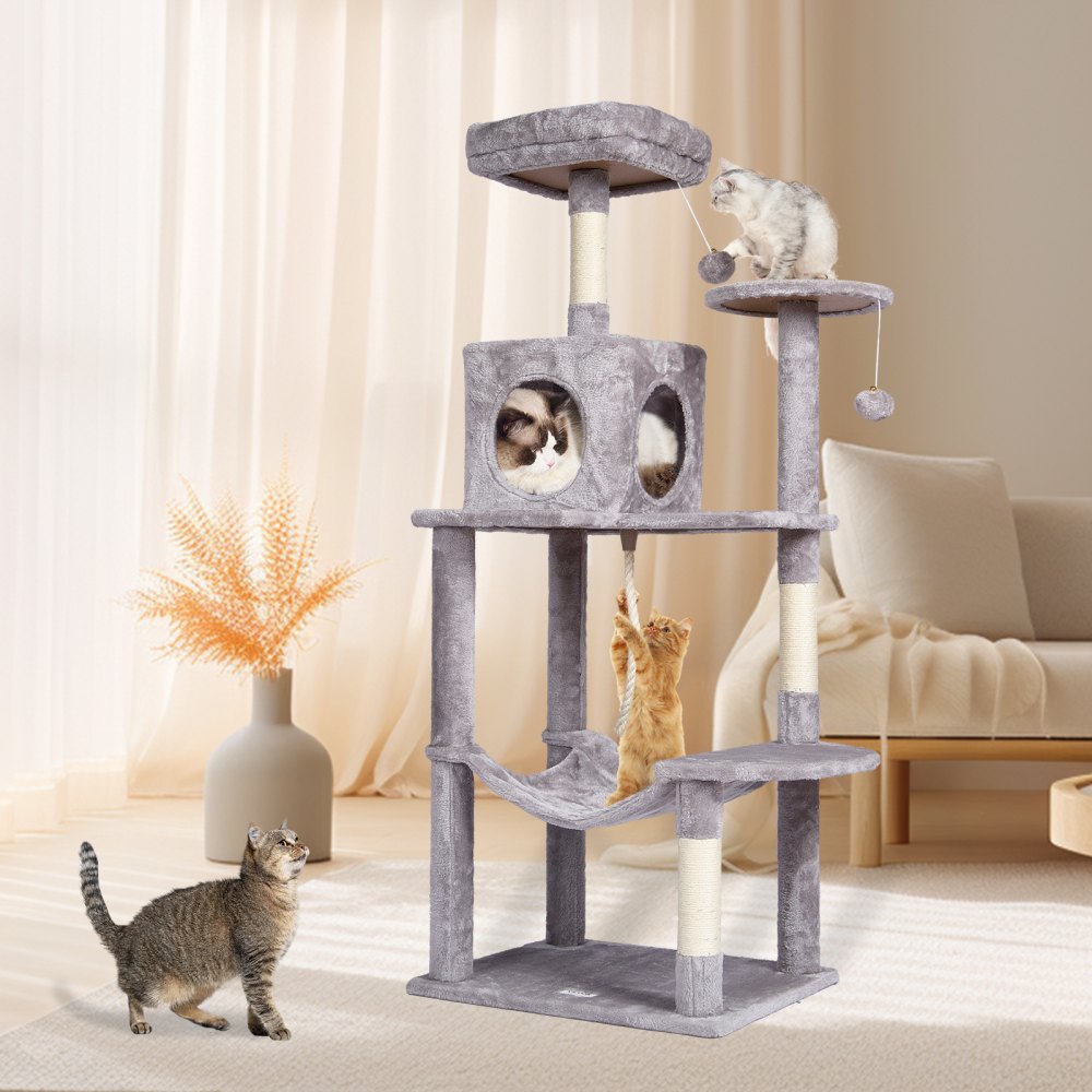 Árbol para gatos VEVOR para interiores, torre de 142 cm con condominio, rascador de sisal, hamaca, percha superior, plataformas de salto, caseta grande con bola colgante, centro de actividades para gatos, gris claro