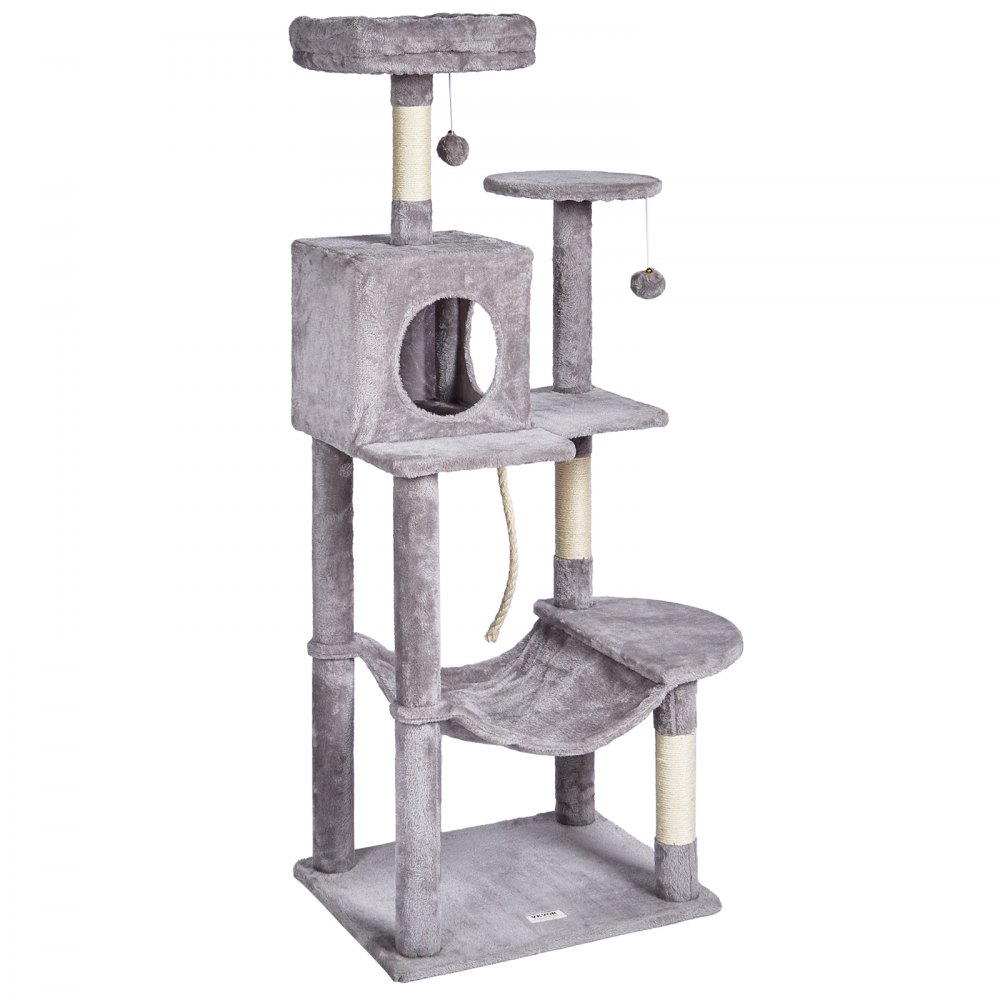 Árbol para gatos VEVOR para interiores, torre de 142 cm con condominio, rascador de sisal, hamaca, percha superior, plataformas de salto, caseta grande con bola colgante, centro de actividades para gatos, gris claro