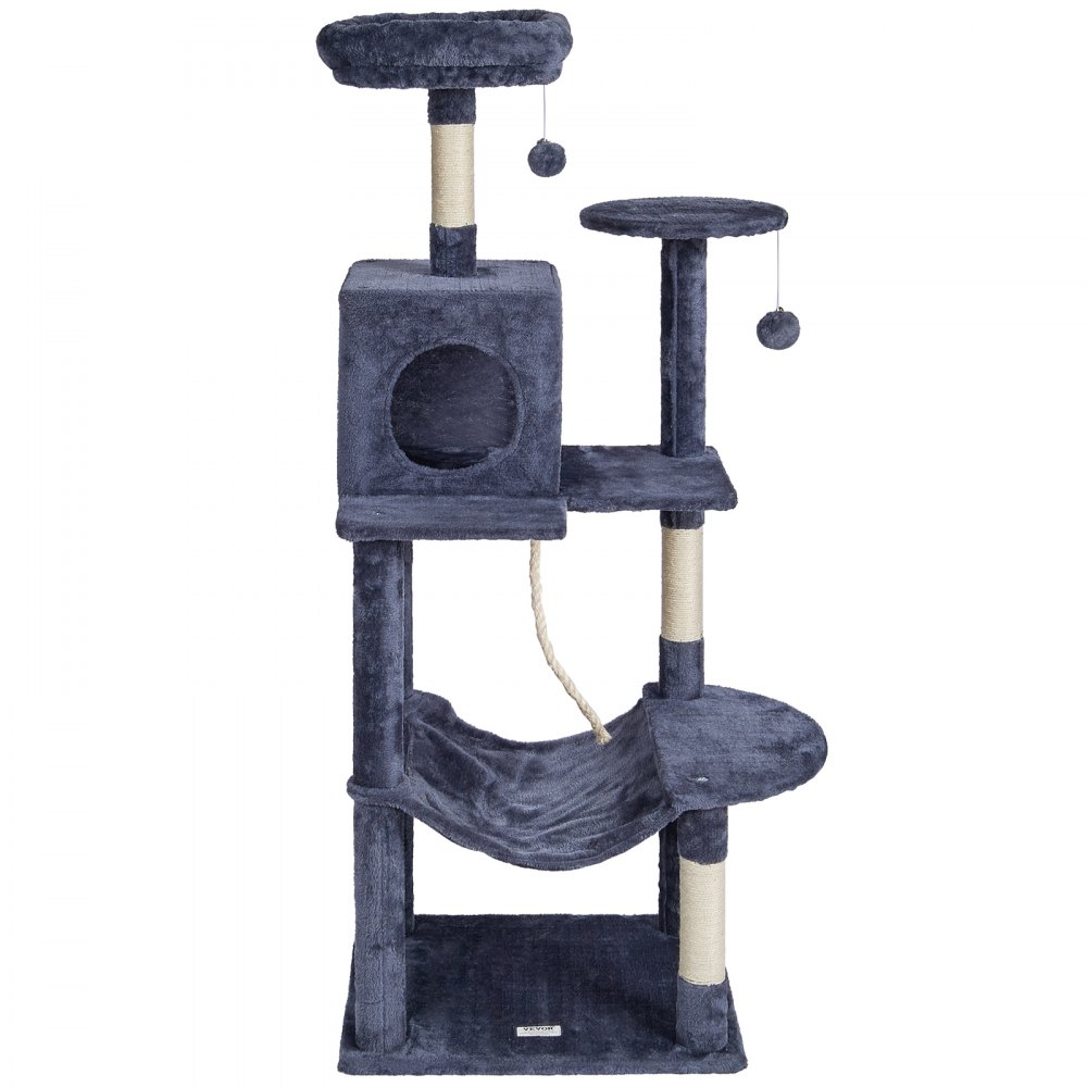 Árbol para gatos VEVOR para interiores, torre de 142 cm con condominio, rascador de sisal, hamaca, percha superior, plataformas de salto, caseta grande con bola colgante, centro de actividades para gatos, gris oscuro