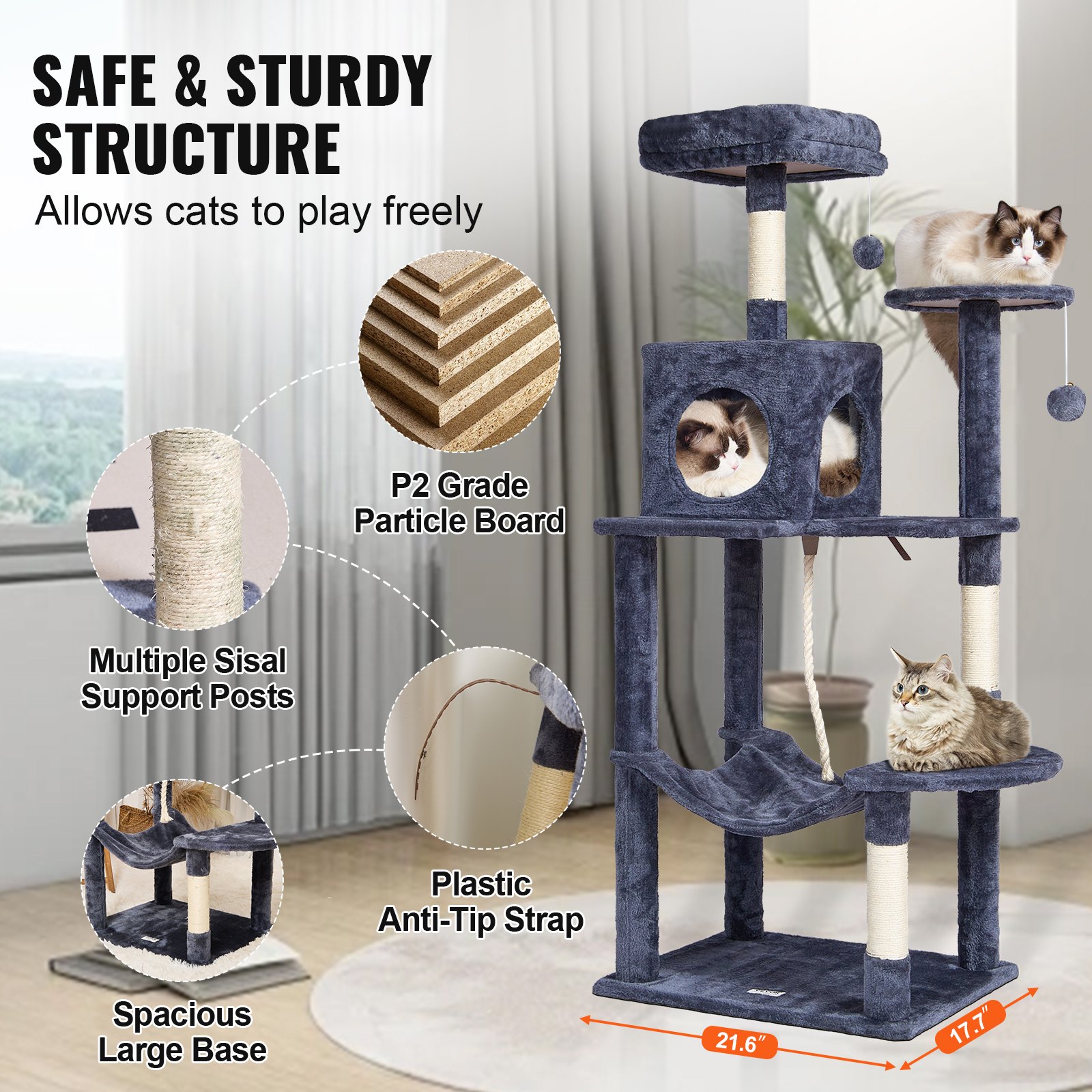Árbol para gatos VEVOR para interiores, torre de 142 cm con condominio, rascador de sisal, hamaca, percha superior, plataformas de salto, caseta grande con bola colgante, centro de actividades para gatos, gris oscuro