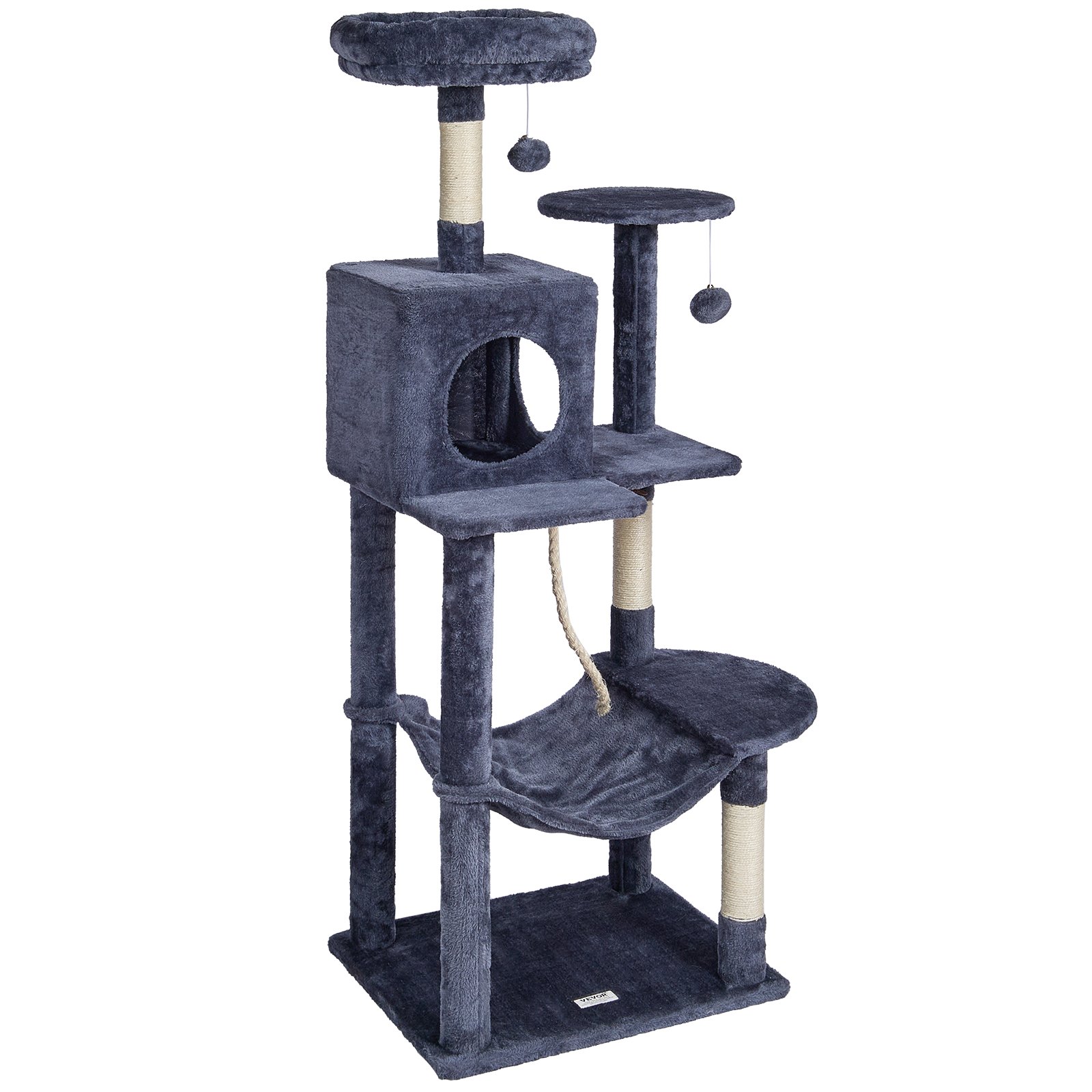 Árbol para gatos VEVOR para interiores, torre de 142 cm con condominio, rascador de sisal, hamaca, percha superior, plataformas de salto, caseta grande con bola colgante, centro de actividades para gatos, gris oscuro