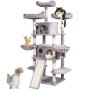 Árbol para gatos de interior VEVOR, torre de 173 cm con 2 compartimentos, poste rascador de sisal, hamacas, perchas superiores, plataformas de salto y rampa, centro de actividades con pelotas colgantes, gris claro